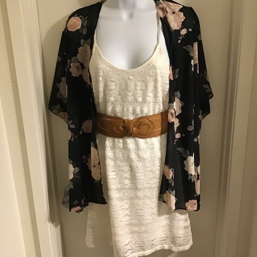 Lovefire Cream Crochet Dress/Sheer Floral Kimono